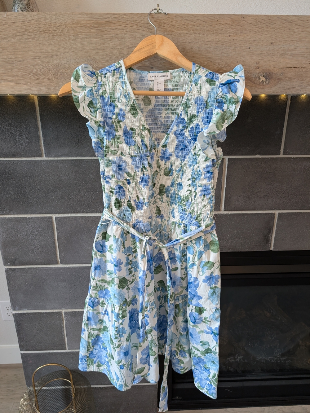 Laura Ashley Blue & Green Floral Smocked Flutter Sleeve Dress